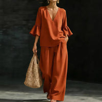 Womens V-neck Ruffle-Sleeve Top And Wide-Leg Pants Two-Piece Set