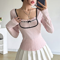 French Sweet Girl Stitching Contrast Color Long Sleeves T-shirt