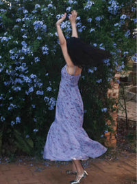 French-style Blue Floral Strap Dress For Women
