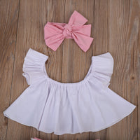 Three tops with fringed shorts and headbands