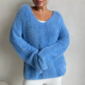 Womens Solid-Colored Long-Sleeve V-Neck Faux Mink Velvet Knit Sweater
