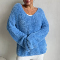 Womens Solid-Colored Long-Sleeve V-Neck Faux Mink Velvet Knit Sweater