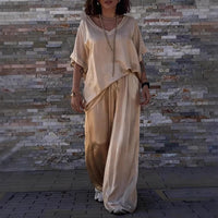 Women's V-Neck Short Sleeve Pullover Top And Matching Long Pants Casual Cotton Blend Multicolor Outfit