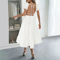 French Retro Bubble Waist A-Line Midi Dress - Flared Skirt Slim Fit Women's Summer Dress