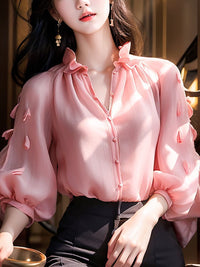 Three-dimensional Petals Solid Color Lantern Sleeve Top Slimming Shirt