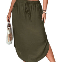 Plus-size Womens Solid-color Slim-fit Tie-front Split Skirt