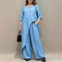 Womens Retro Casual Loose Top And Wide-Leg Pants Two-Piece Set