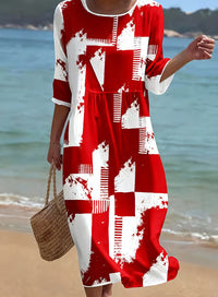Women's Casual Round Neck Mid Sleeve Print Cotton And Linen Dress