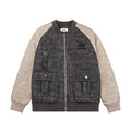 Color Contrast Patchwork Raglan Sleeve Baseball PU Leather Cotton Jacket
