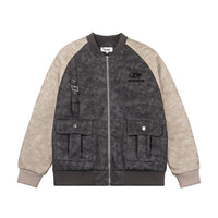 Color Contrast Patchwork Raglan Sleeve Baseball PU Leather Cotton Jacket