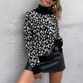 Casual Vintage-style Loose-fit Leopard-print Turtleneck Sweater