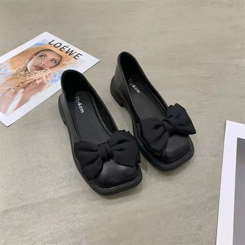 Chunky Heel Platform Loafers Spring And Summer New Retro Square Toe Bow Patent Leather Pumps Women