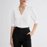 Summer Loose Solid Color Notched V-neck Half-sleeve Shirt For Women