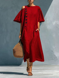 Solid-color Linen Crew-neck Short-sleeve Casual Dress For Women