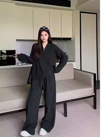 Laid-back Casual Half-Open Collar Sweater And High-Waist Wide-Leg Pants Set