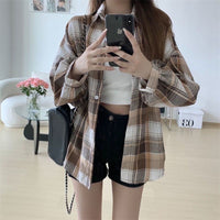 Loose-fitting Korean-style Plaid Shirt For Women