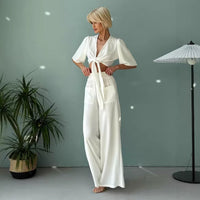 Fashionable Strappy Deep-V Top And Wide-Leg Pants Two-Piece Set