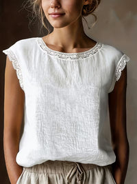 Loose Solid-Color Crew-Neck Lace Sleeveless Cotton-Linen Shirt