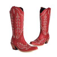 Embroidered Long Knee-high Boots Pointed Toe Chunky Heel High Heel