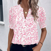 Women's Casual V-Neck Printed Pleated Short-Sleeve Chiffon Blouse