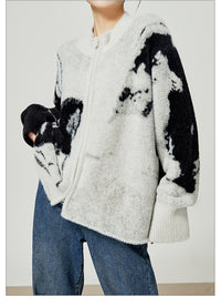 Grey Color Blocked Cardigan Sweater Round Neck Knit