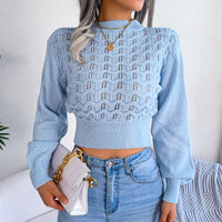 Women Street Style Solid Color Hollow Stripe Lantern Sleeve Cropped Sweater