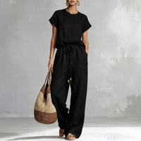 Womens Casual Loose Solid-Color Zip-Up Crew-Neck Wide-Leg Pants Set