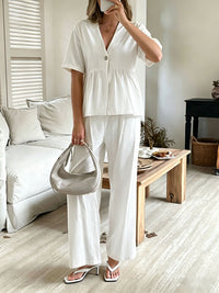 V-neck Loose-fit Short-sleeve Top And Wide-leg Pants Two-piece Set
