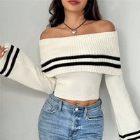 Women's Off-shoulder Midriff-baring Sweater Knitted Bell Sleeve Top