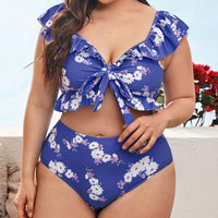 Printing Cover Pleating Ruffled Swimsuit