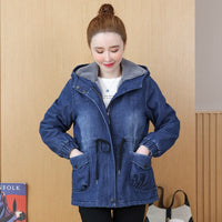 Loose-fitting Thickened Hooded Thermal-lined Denim Cotton-padded Short Jacket
