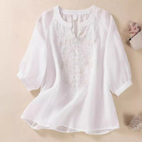 Women's Cotton And Linen Three-quarter Sleeve Embroidered Top