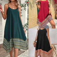 Womens Spaghetti-Strap Patchwork Printed Asymmetrical Dress
