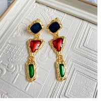 Gold Plated Vintage Enamel Drops Irregular Geometric Eardrops Stud Earrings