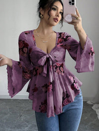 European And American Design Sense French Sweet Flower Blooming Lace-up Square Collar Long Sleeve Shirt
