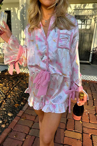 Women's Printed Satin Multi-color Long Sleeve Shorts Loose Loungewear