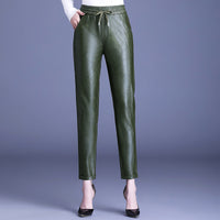 PU Leather High Waist Harem Pants With Small Feet Casual Fashion Elastic