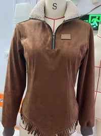Suede-velvet Tassel Hem Long-sleeve Fur-collar Slim-fit Womens Top