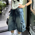 American-style Washed Loose-fit Multi-pocket Denim Capri Pants