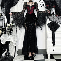 Vampire Chain Long-Sleeve Dress Subculture-Style Lace-Patchwork Maxi Dress