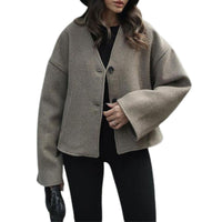 V-neck Long Sleeve Button Short Coat Fall Winter Fashion Women Commute Leisure