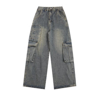 Retro Washed Wide Leg Multi-pocket Loose Straight Jeans
