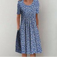 Spring And Summer Women's Elegant Large Swing Round Neck Printed Short Sleeve Dress