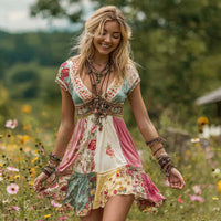 Womens Retro Bohemian Rose Embroidered Dress