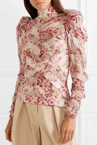 Stitching Long Sleeve Shirt Bow Puff Sleeve Pleated Print Top