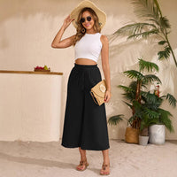 Fashionable Loose-fitting Capri Wide-leg Pants With Pockets And An Elastic Waistband