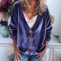 Womens Casual V-neck Long-sleeve Solid-color Cardigan Top