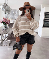 Loose Striped Mock-neck Contrast Color Knitwear Pullover Sweater