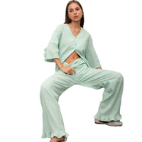 Womens Cotton And Linen Pajamas For Autumn Flounced Three Quarter Sleeve Pants Relaxed Fit Loungewear