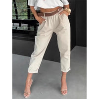 New Womens Solid-color Pocketed Slim-fit Versatile Casual Pants